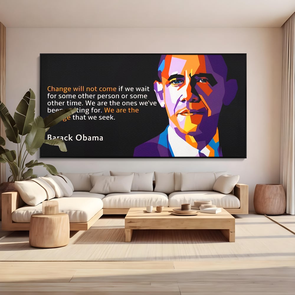 Tablou canvas cu tablou canvas cu portretul stilizat al lui barack obama, in rama de aluminiu negru, pe perete intr-un living